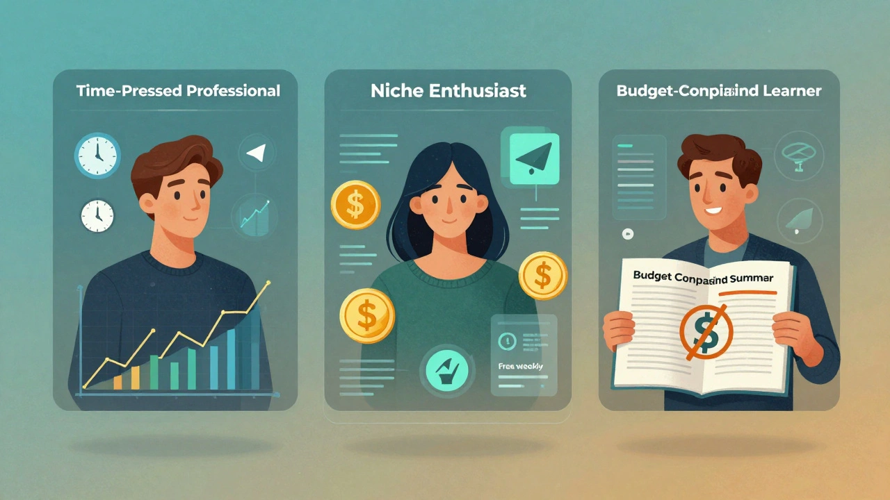 Three subscriber personas represented as digital icons with their preferred news themes.