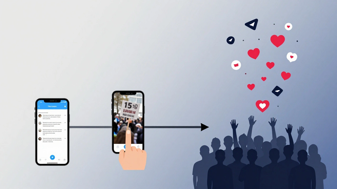 Timeline showing Telegram channel growth from text post to visual Stories with growing follower count