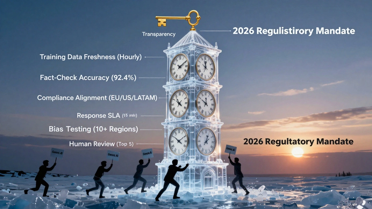 Transparent clocktower with key metrics for trustworthy AI news systems, unlocked by transparency.
