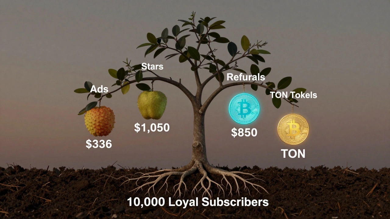 Tree with four income branches for Telegram revenue streams, rooted in loyal subscribers, twilight background.