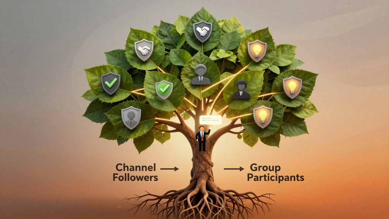 Tree with trust-themed leaves growing from followers to participants, symbolizing community loyalty and journalist engagement.