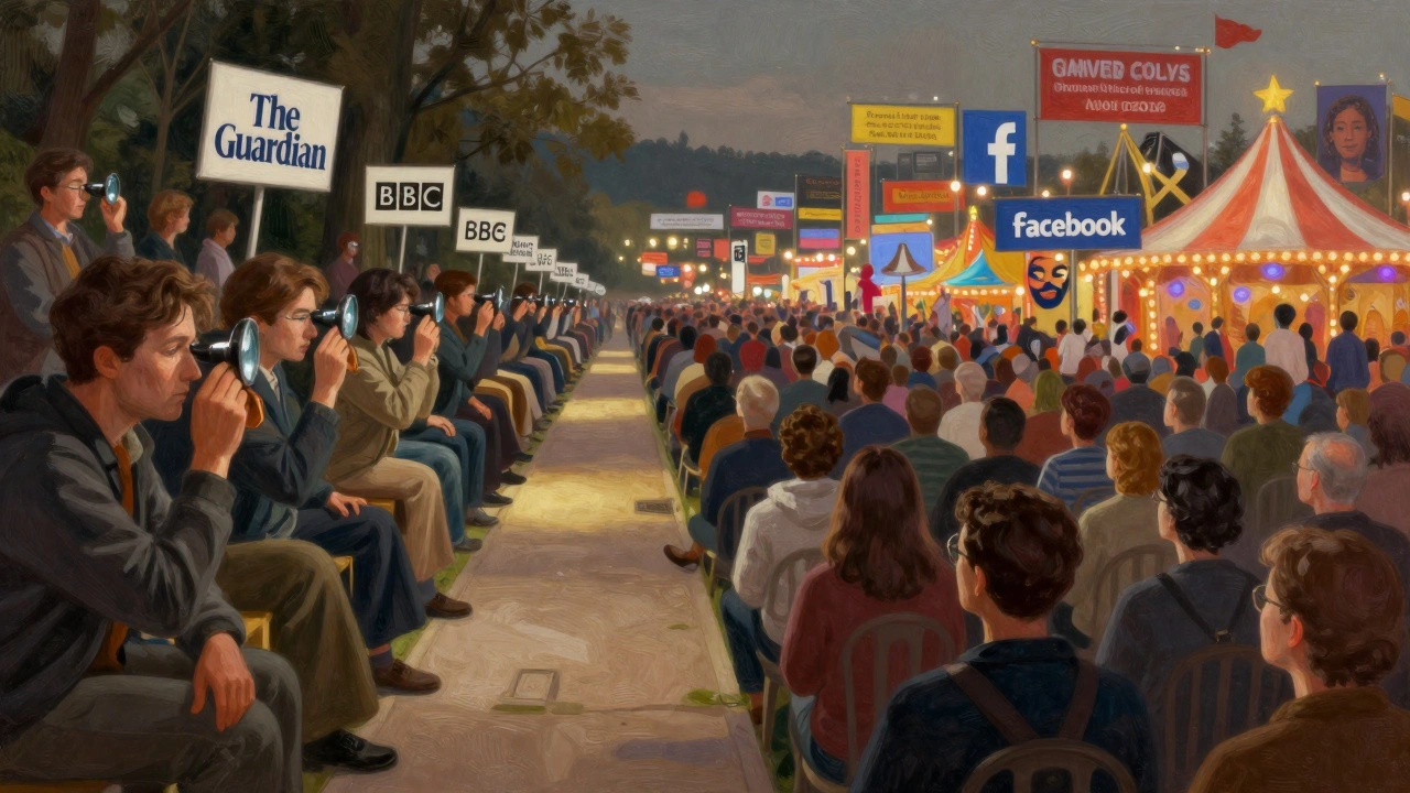 Trusted news path versus chaotic Facebook carnival, symbolizing intentional vs. algorithmic news consumption.