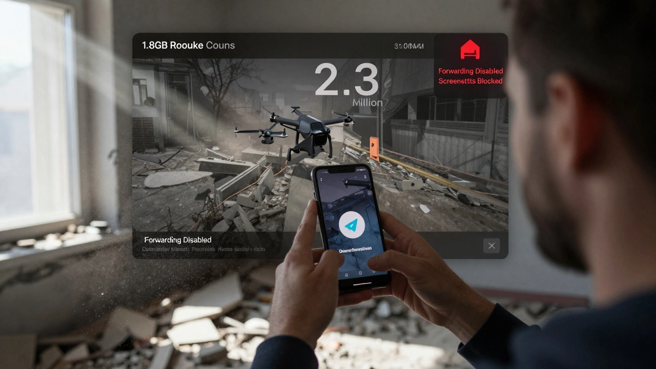 Ukrainian journalist uploading a high-resolution video to Telegram amid war-torn surroundings, with viewer count rising.