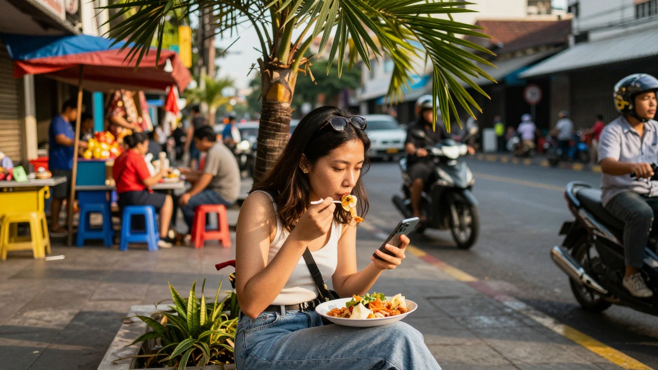 Woman checking Telegram news during lunch in a busy Manila street.
