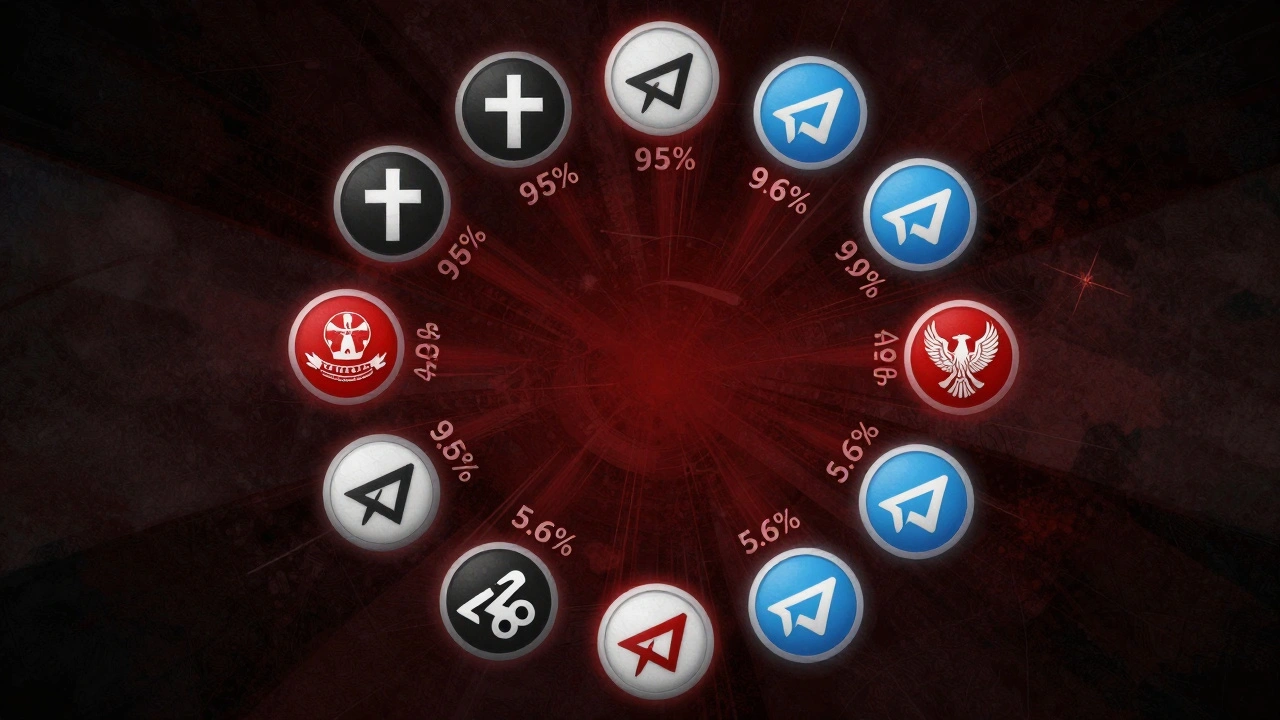 A circular mosaic of Telegram channel logos, mostly far-right, with minimal leftist representation.