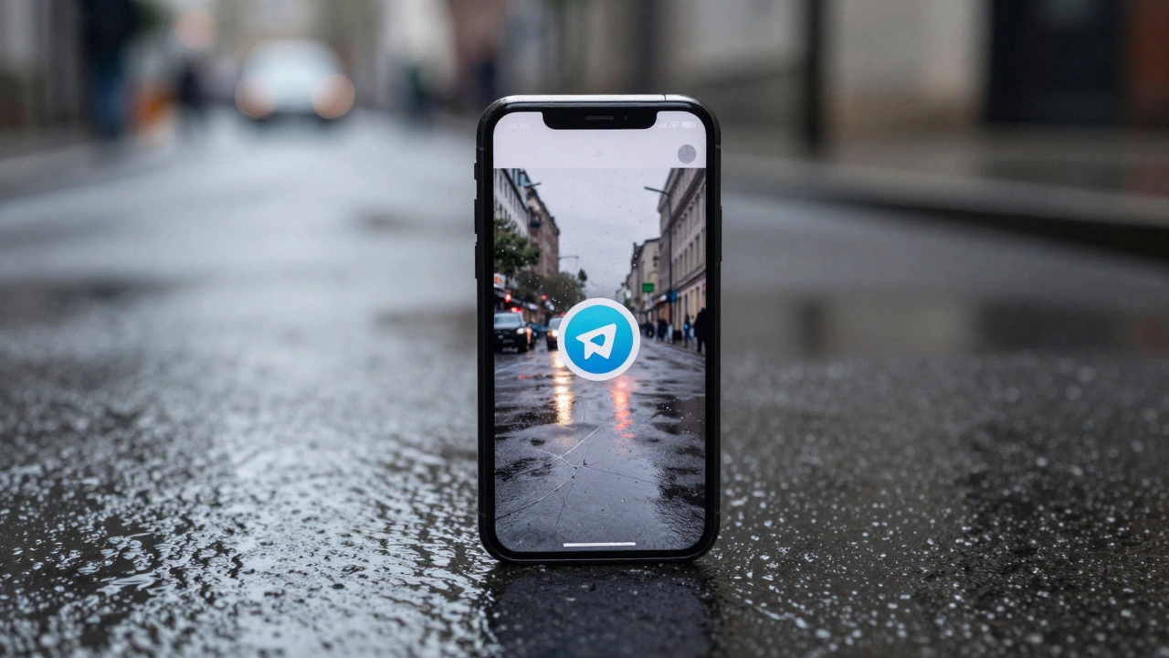 A cracked smartphone on a rainy alley pavement, screen lit with an unverified Telegram post, distant police sirens visible.