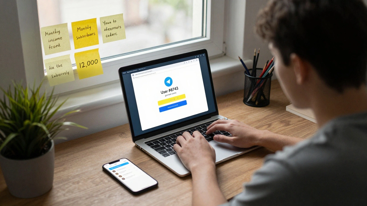 A creator in a home office watching a Telegram bot grant access to a subscriber, with income notes and notification on screen.