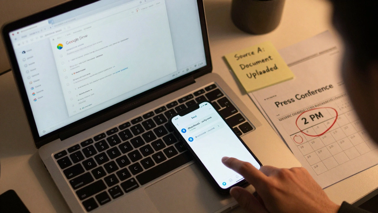 A desk with phone showing Telegram task update, Google Drive folder, and calendar marked for press conference.
