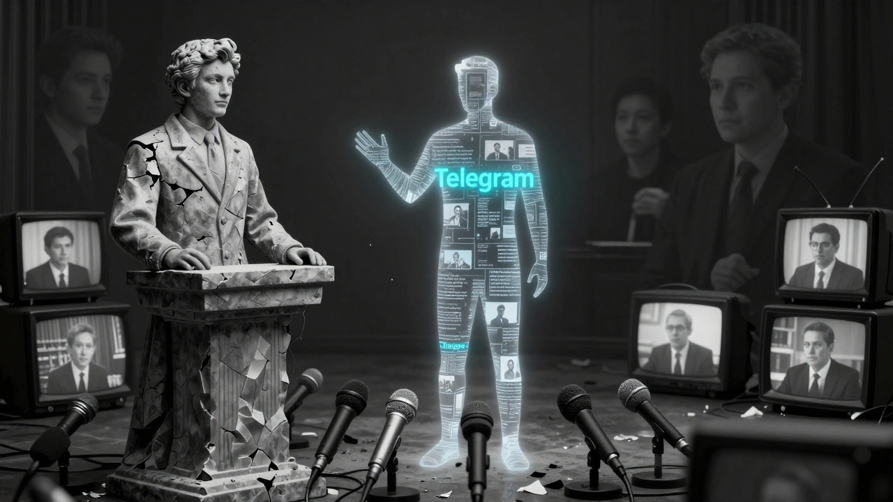 A digital figure made of news feeds rises from silenced media, replacing a crumbling news anchor statue.