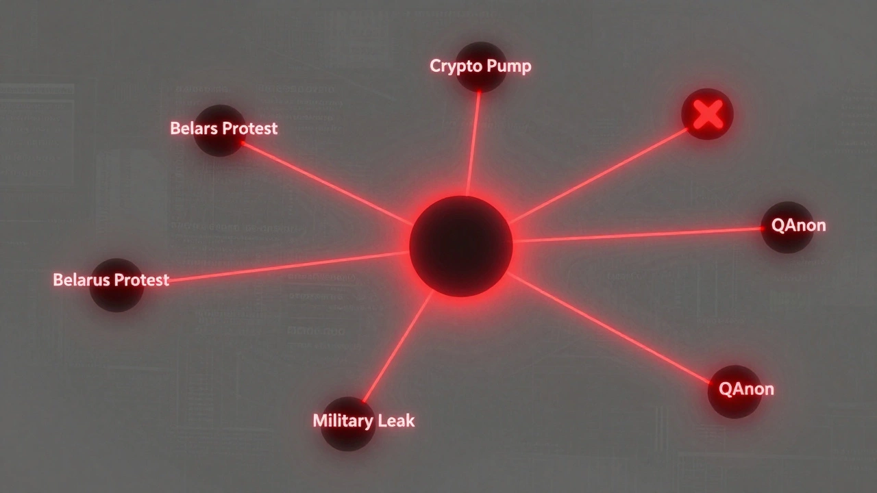 A digital network map showing viral news spreading through emotional triggers like fear and anger across different malicious and legitimate channels.