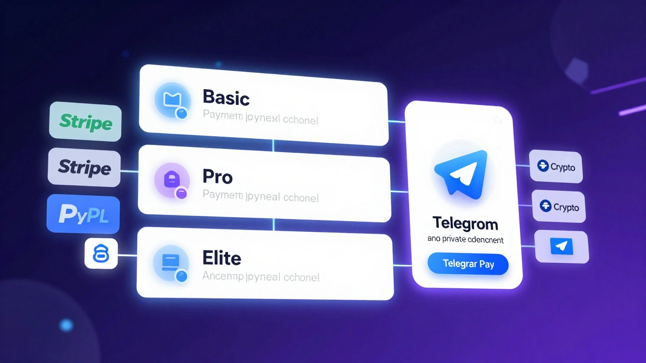 A digital subscription dashboard with three membership tiers connected to a Telegram bot, displaying payment methods like Stripe and PayPal.