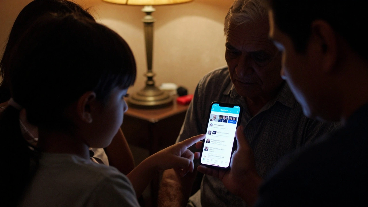 A family in Mexico City gathers around a smartphone displaying Telegram news updates with low data remaining.