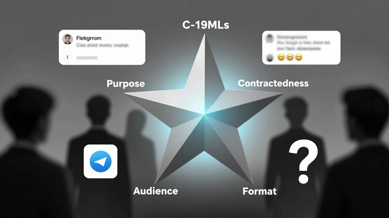 A five-pointed star representing the C-19MLs scale surrounded by Telegram elements like bots, forwarded messages, and channel icons in a symbolic visual.