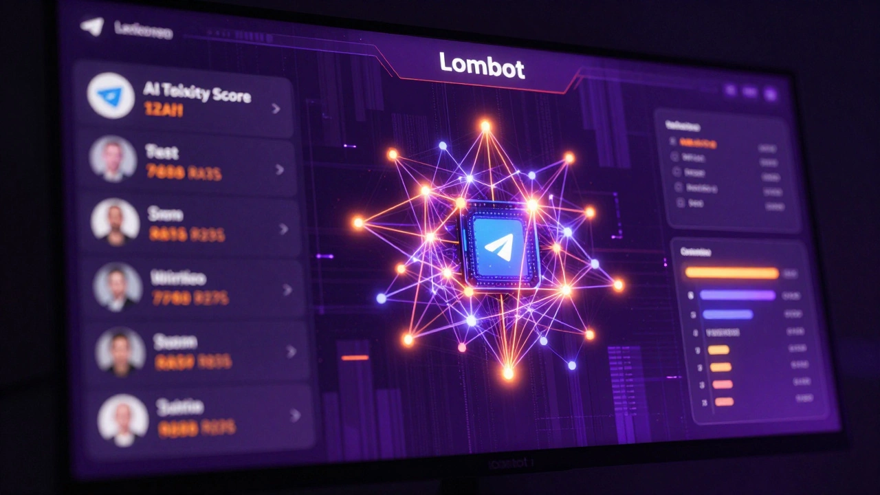 A futuristic dashboard showing AI-powered moderation metrics for a Telegram group with neural network visuals.