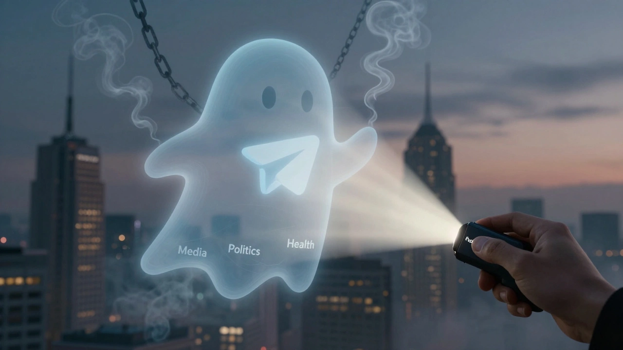 A ghostly Telegram channel drifting through a city as a beam of light reveals one verified fact amid misinformation.