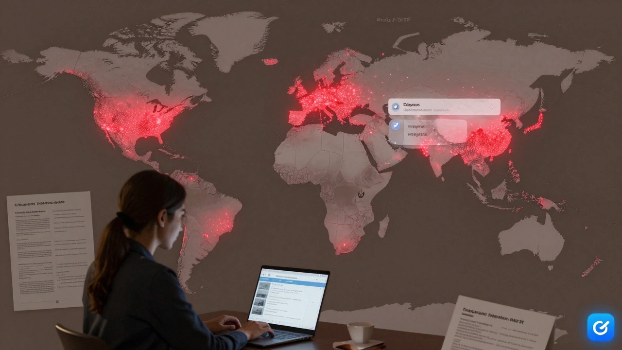 A global map showing 5,000+ Telegram transparency requests with hotspots in India, U.S., and Brazil, alongside an AI bot scanning illegal search terms and a journalist working.