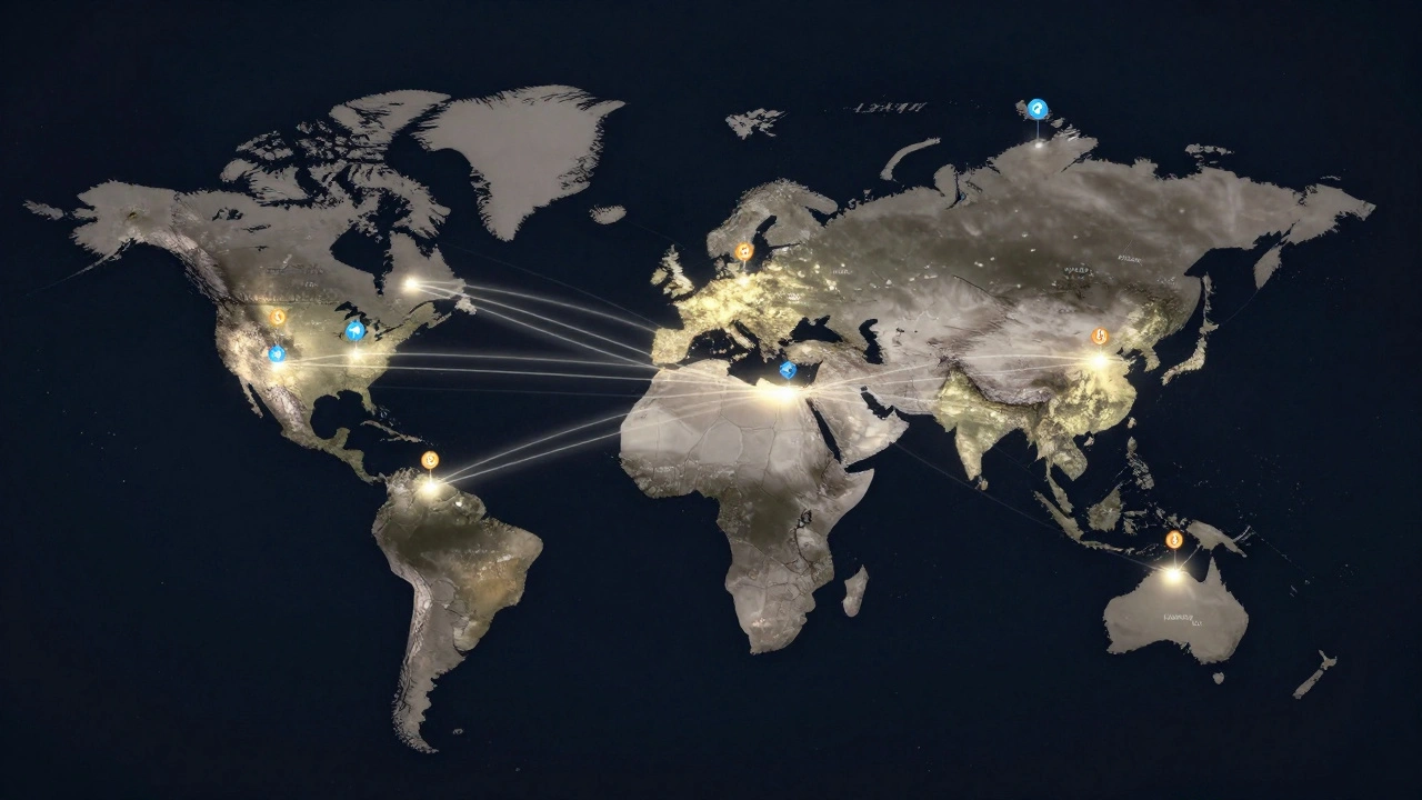 A global map with glowing connections from major cities to Telegram icons, symbolizing reliable news delivery across borders.