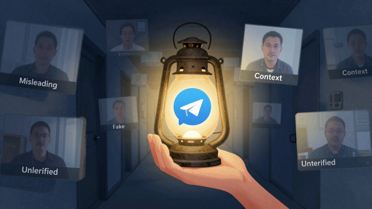A glowing lantern-shaped Telegram icon illuminating verified content while dispelling distorted, misleading video clips in darkness.