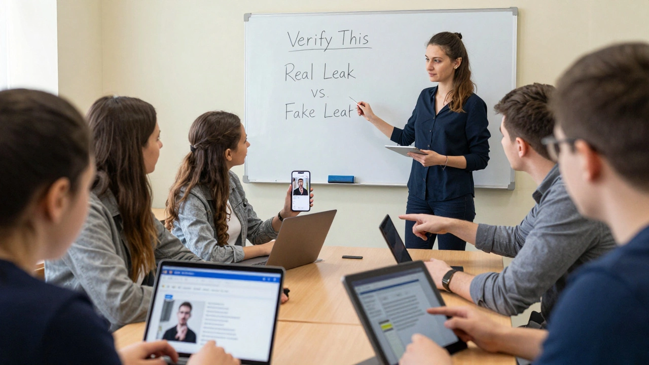 A group learns to spot misinformation using a chart comparing real and fake leaked documents, with one person showing a verified government screenshot.