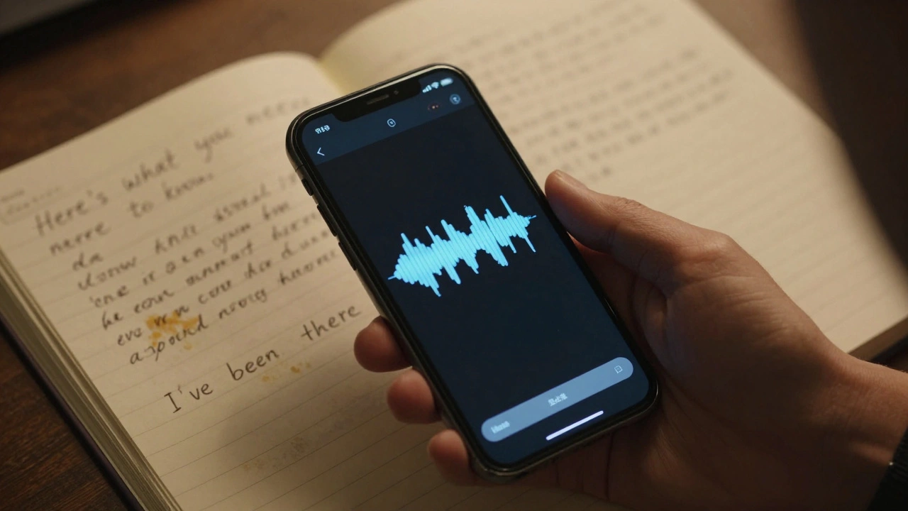 A hand holding a phone with a voice message, next to handwritten notes about authentic communication.