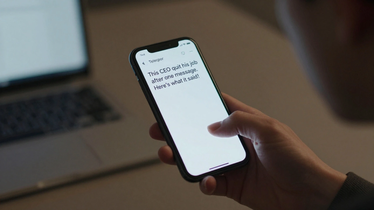 A hand paused mid-scroll on a phone, captivated by a mysterious Telegram teaser.