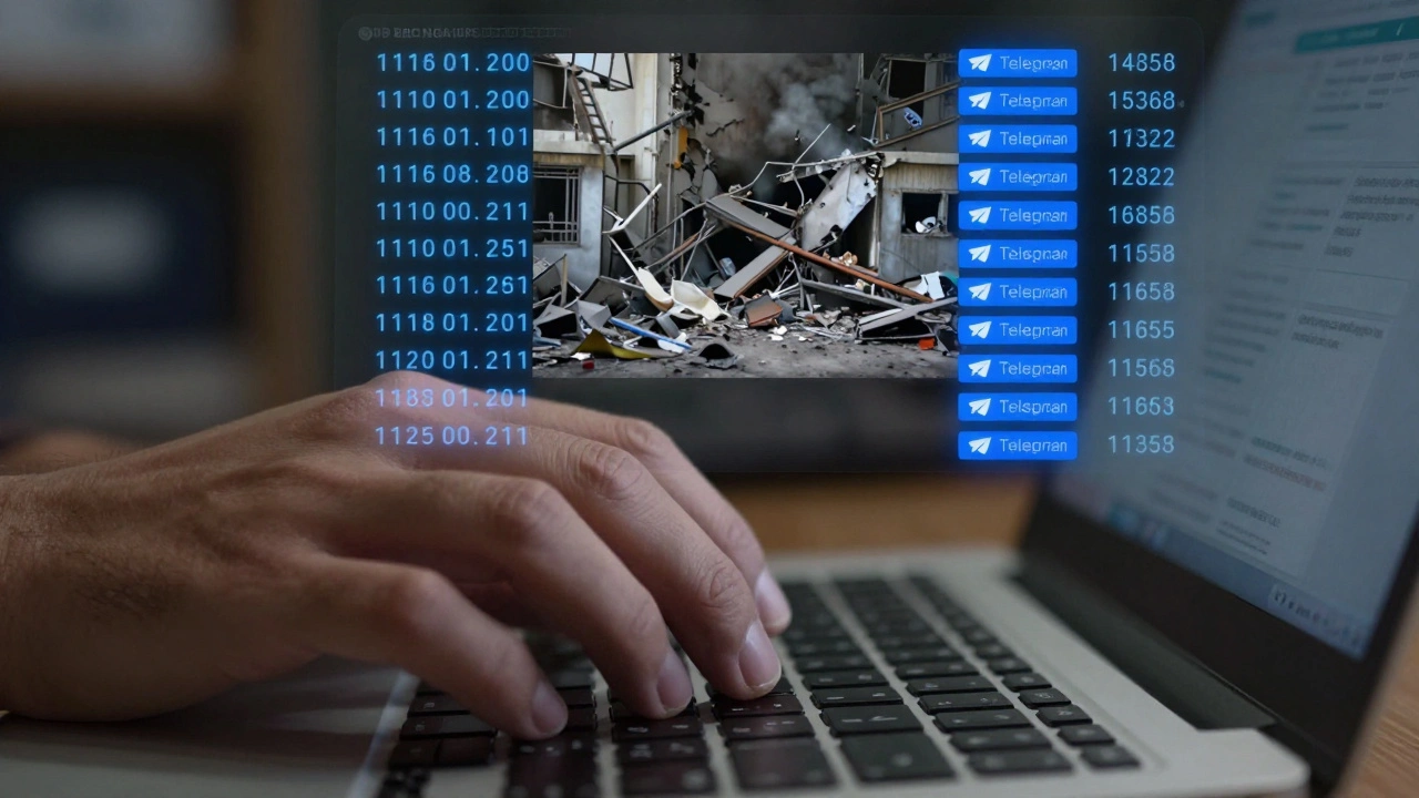 A hand preparing to remove a false emergency post on Telegram, with metadata analysis overlaid in blue tones.