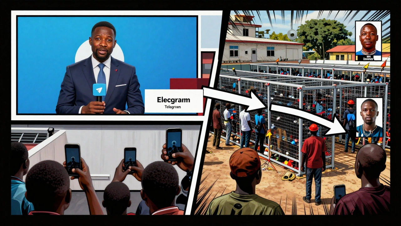 A journalist broadcasting on Telegram during Nigerian elections while AI bots generate fake images.