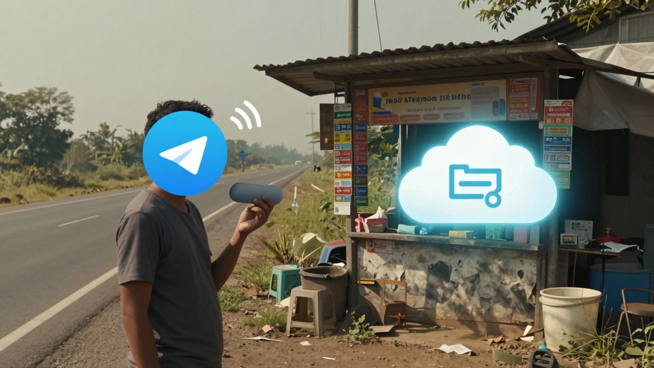 A man in rural Jakarta accesses Telegram news with weak signal, while cloud storage icon shows offline access.