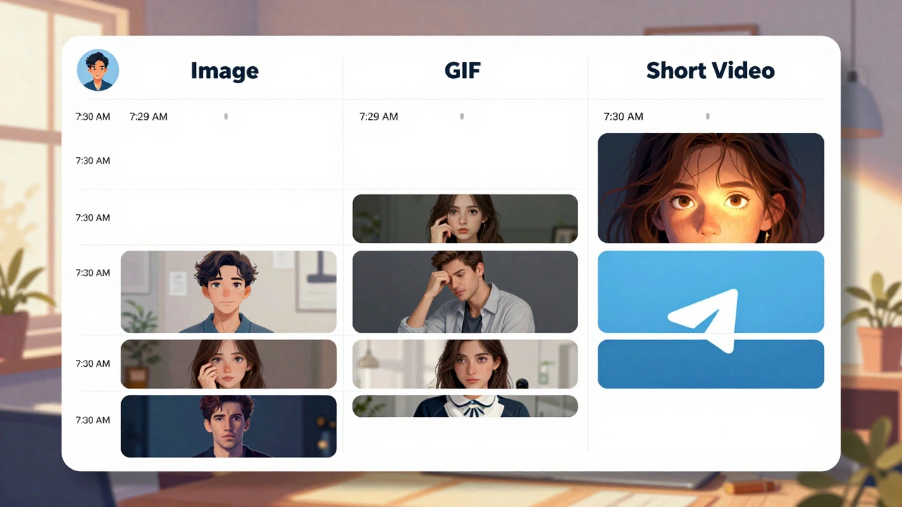 A morning content calendar with image, GIF, and video posts scheduled at 7:30 AM, viewed by a user.