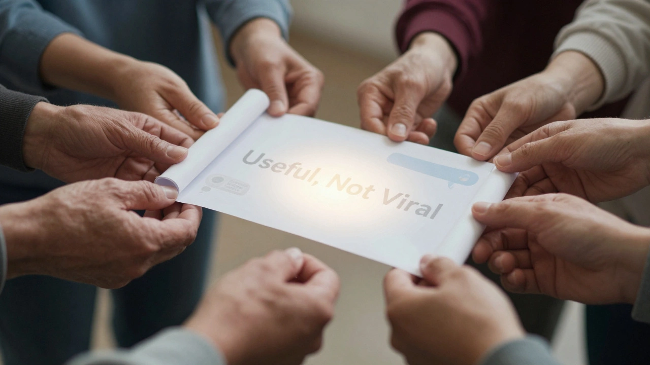 A network of hands passing a glowing scroll labeled 'Useful, Not Viral' through private chats and group threads.