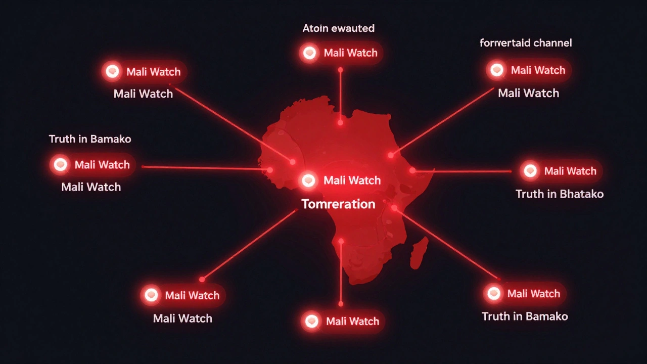 A network of Telegram channels spreading a single post across West Africa with glowing connections.