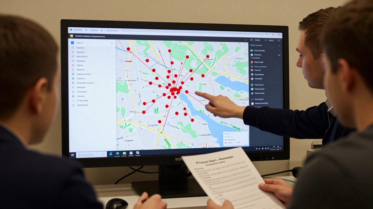 A newsroom team analyzing threat patterns on a digital map, reviewing Telegram metadata including timestamps and IP origins.