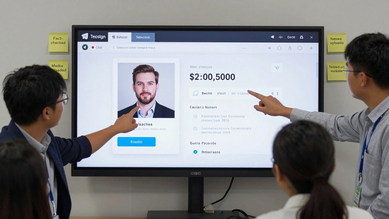A newsroom team reviewing a Telegram Instant View preview, with editorial checklists visible on sticky notes.