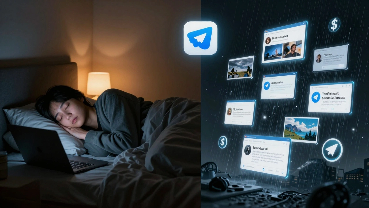 A person sleeping while automated news flows into multiple Telegram channels on floating screens, symbolizing 24/7 content delivery.