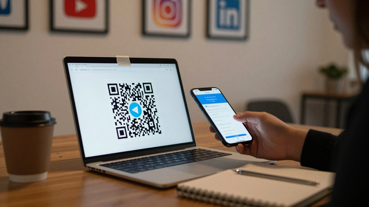 A QR code on a desk in a co-working space being scanned by a hand, with Telegram app opening on a phone.