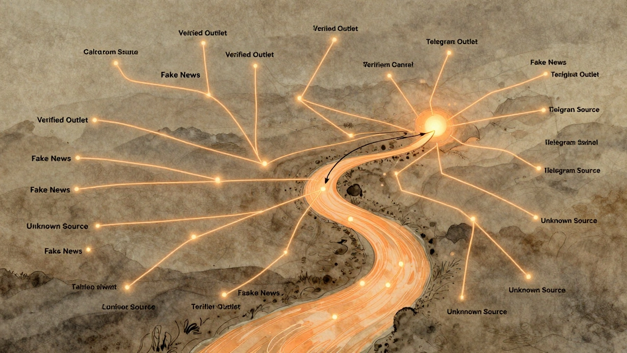 A river-like network diagram tracing misinformation from fake Telegram channels back to an original Reddit post.