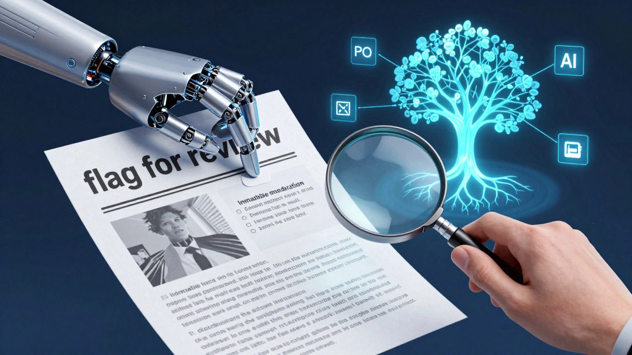 A robotic hand places a review flag on a news post while a human uses a magnifying glass over a blockchain log.