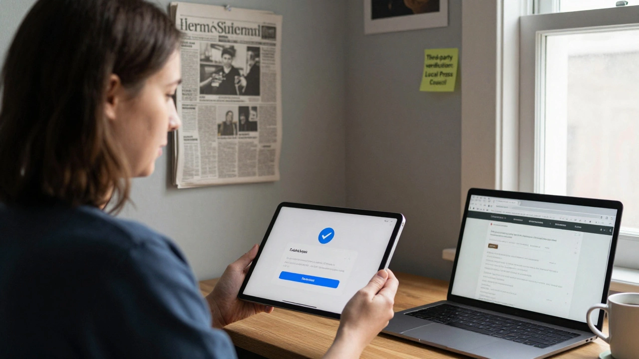 A small-town journalist celebrating Telegram verification with a regional newspaper article and Wikipedia page visible.