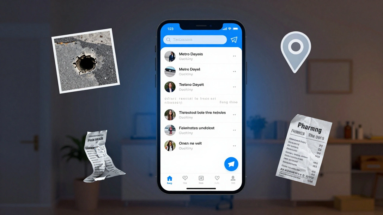 A smartphone displays a Telegram channel with pinned updates, surrounded by floating images of real-world local issues.