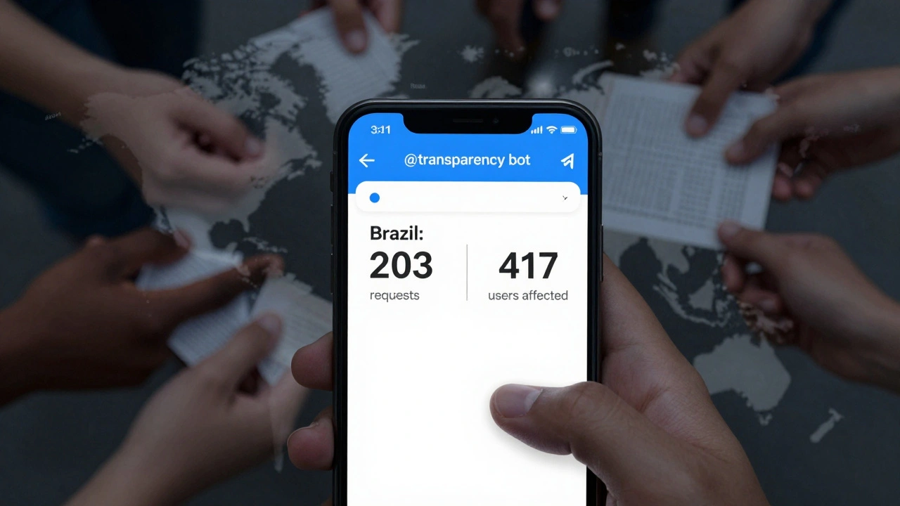 A smartphone screen displaying Telegram's transparency bot data for Brazil, with diverse hands reaching toward it against ghostly silhouettes of blocked countries.