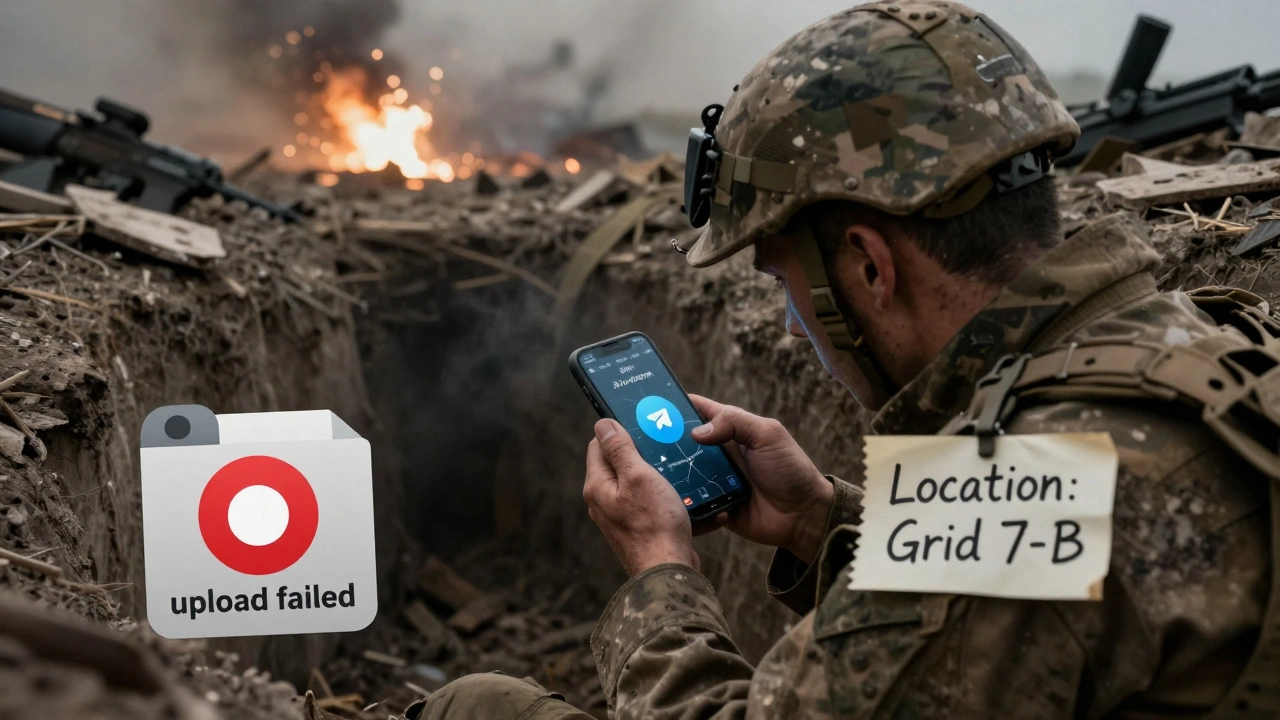 A soldier in a trench sends a text message on Telegram while a failed video upload glows red beside him.