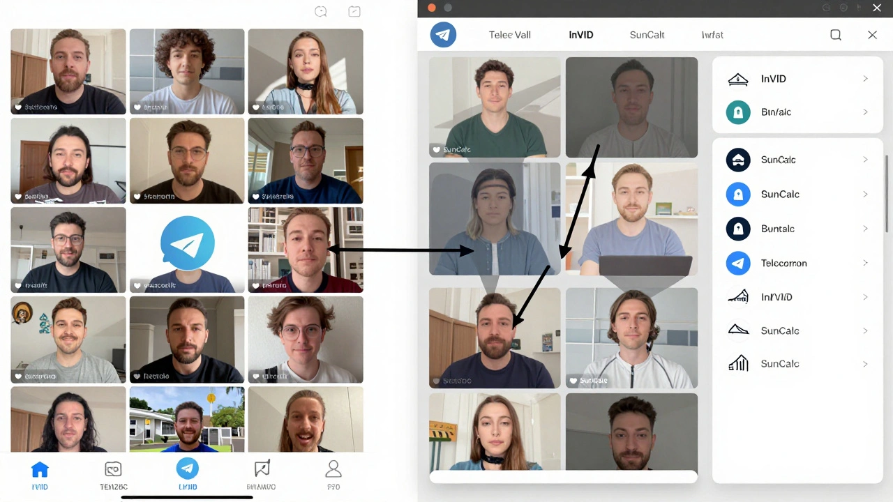 A split-screen showing chaotic unverified videos versus methodical verification using geographic and visual clues.