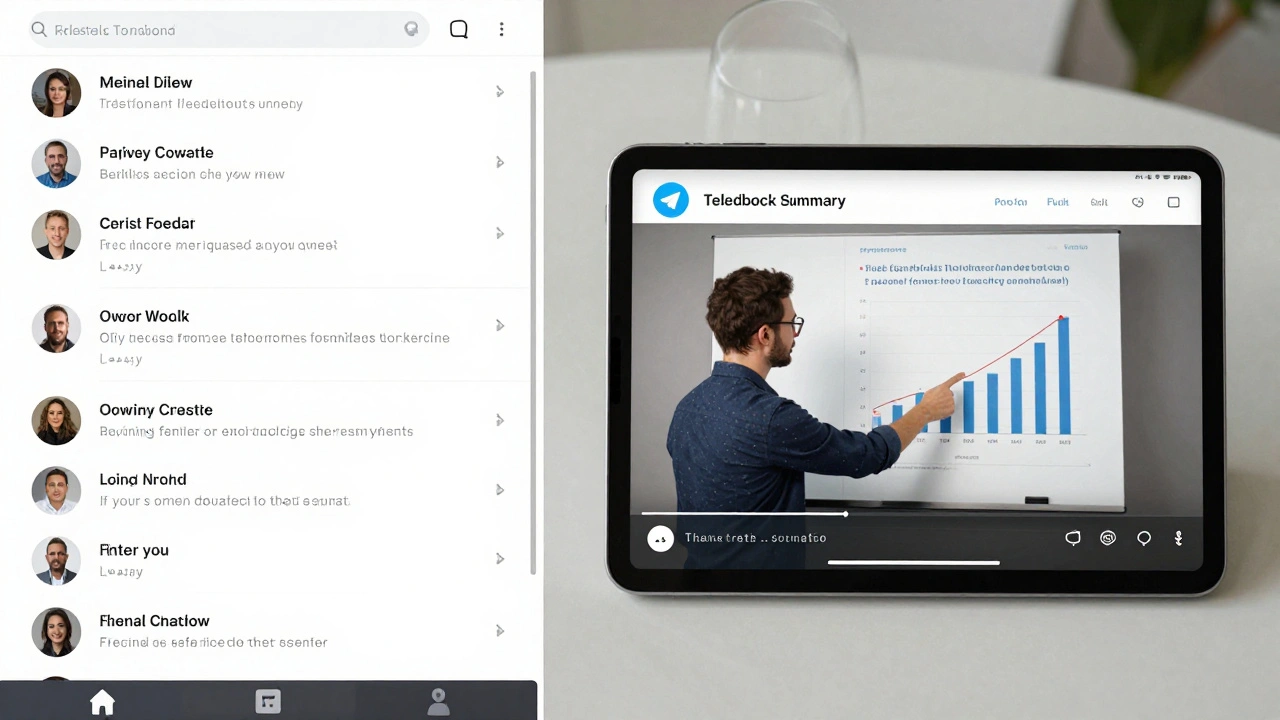 A split view of a Telegram channel's corrected posts and its weekly feedback summary video.