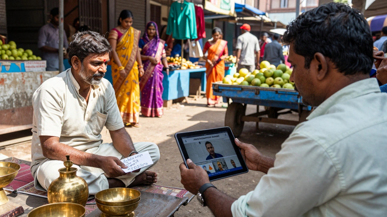 A street vendor in an Indian market displays a Telugu-language Telegram video update on a tablet as customers listen attentively amid colorful stalls.