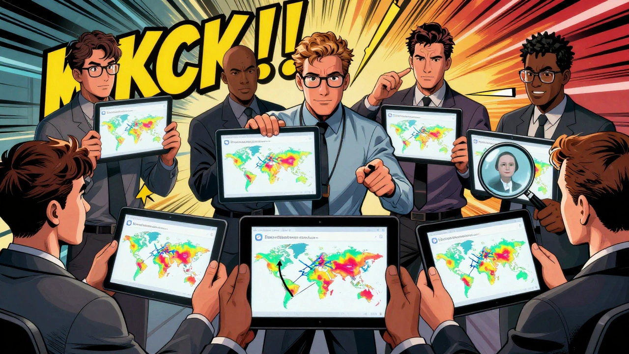 A team of fact-checkers analyzing AI-generated network maps of spreading misinformation across Telegram channels.