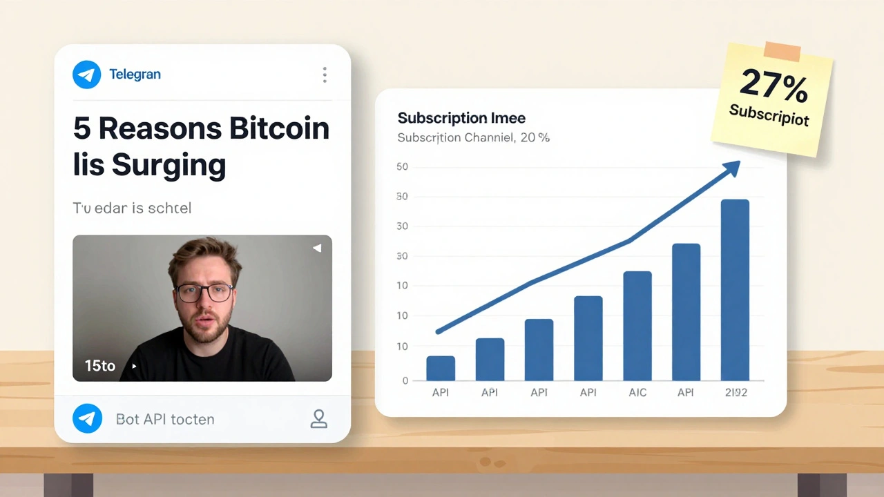 A Telegram post with a number-based headline and video clip next to a rising bar chart showing 27% subscription growth, on a wooden desk with a bot token sticky note.