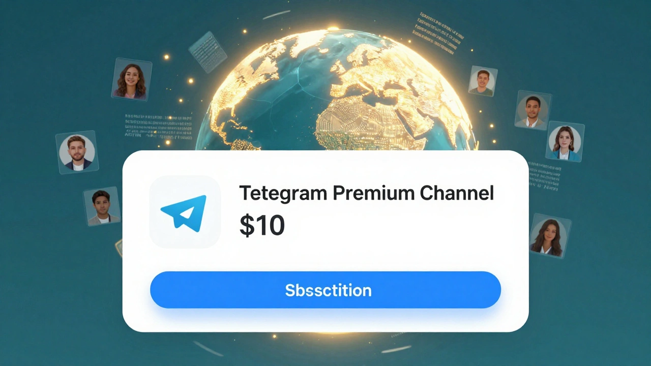 A Telegram Premium Channel with global subscribers and AI-generated content floating around a  monthly subscription button.