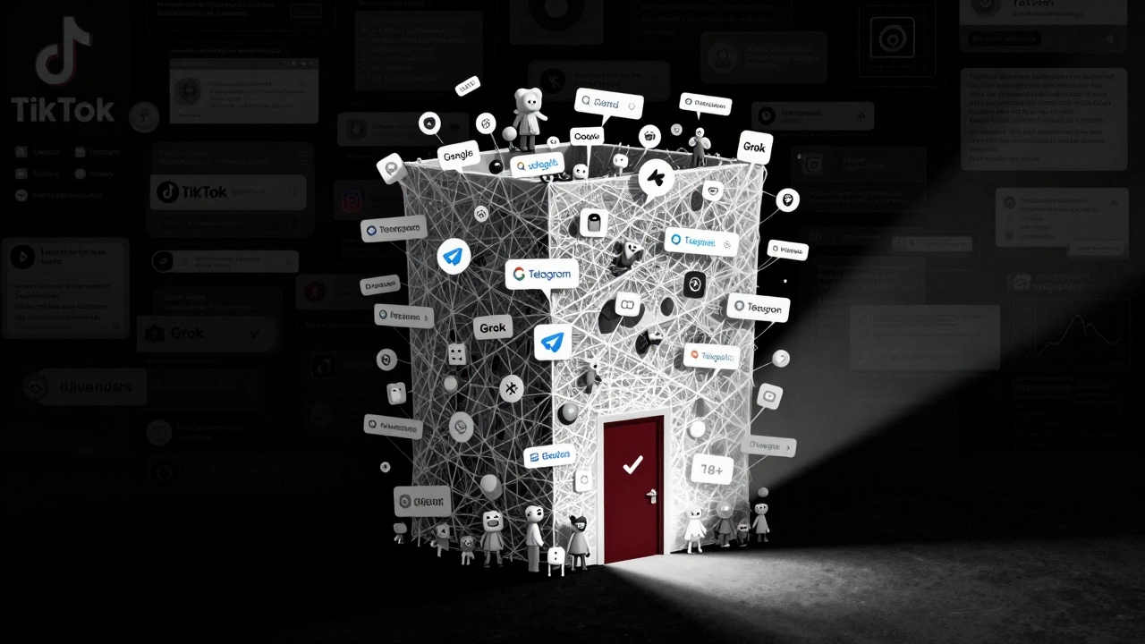 A towering Telegram channel indexed by Google and AI bots, contrasting with fading algorithm-driven platforms in the background.