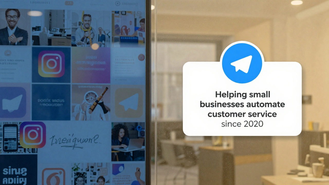 A transparent wall contrasting Instagram's flashy feed with Telegram's calm, verified channel and clear bio.