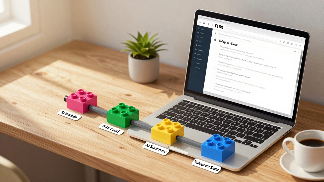 A visual workflow of automated news system blocks connected on a desk with laptop and coffee cup.